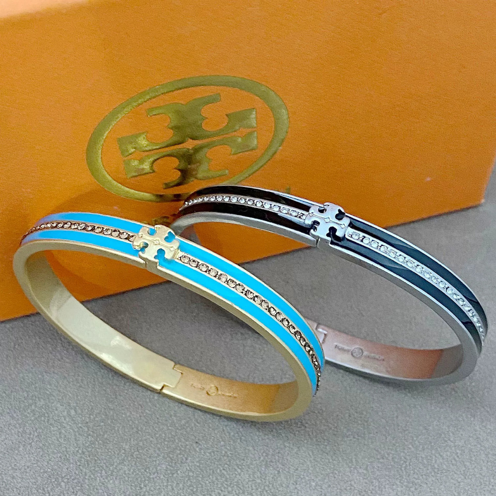 Tory Burch Vintage Gold Two Tone Full Diamond Enamel Open Bangle